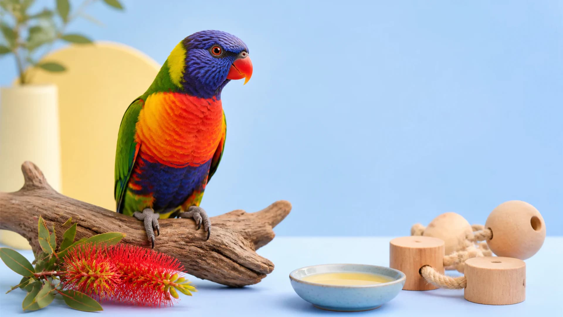 Colorful rainbow lorikeet beside nectar, flowers, and an enrichment toy